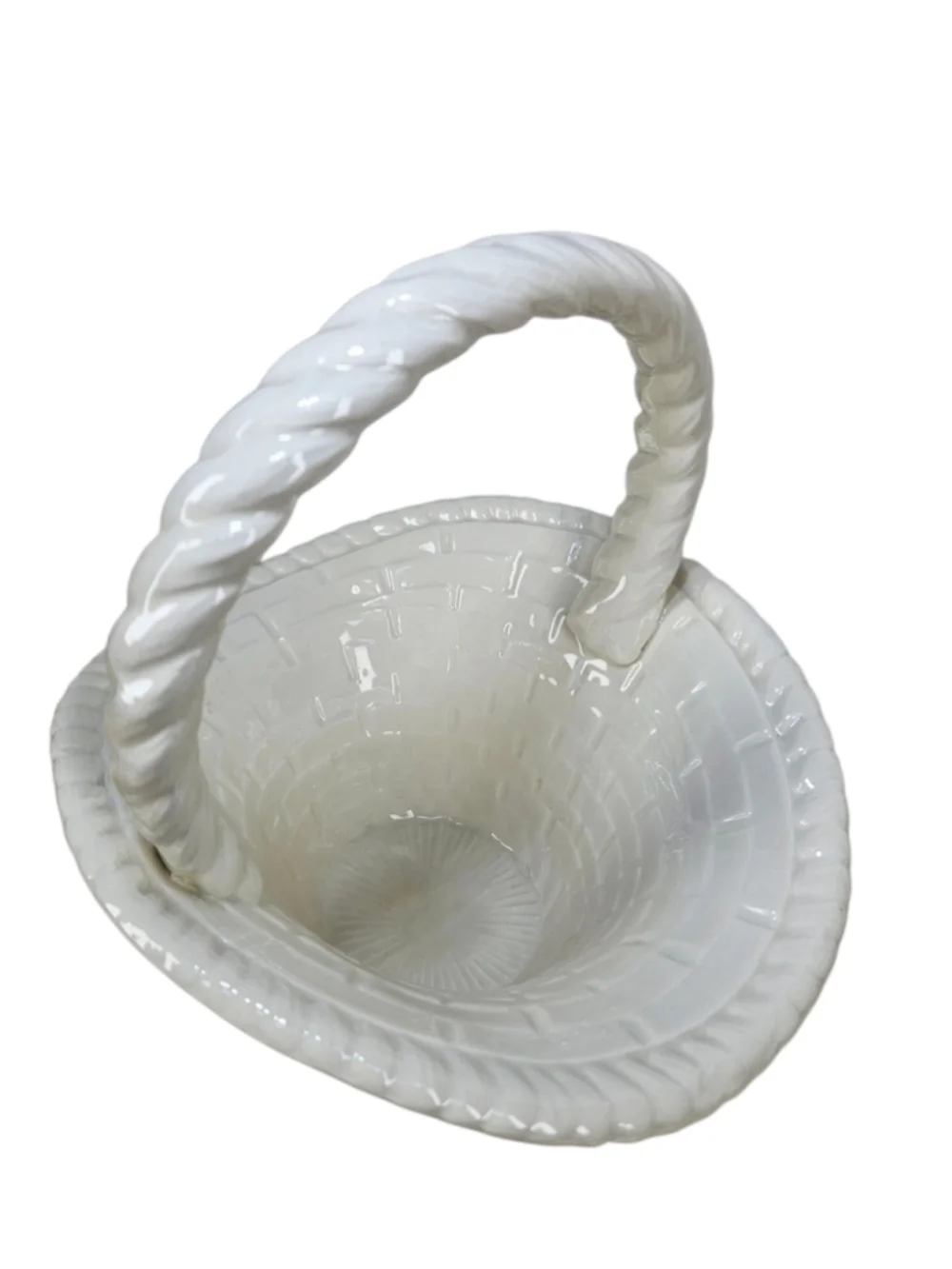 Vintage White Ceramic Basket Planter Vase Woven Handle Cottagecore Decor